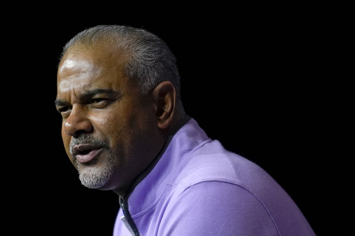 Oct 23, 2024; Kansas City, MO, USA; Kansas State Wildcats head coach Jerome Tang talks to media during the Big 12 Men’s Basketball Media Day at T-Mobile Center. Mandatory Credit: Jay Biggerstaff-Imagn Images