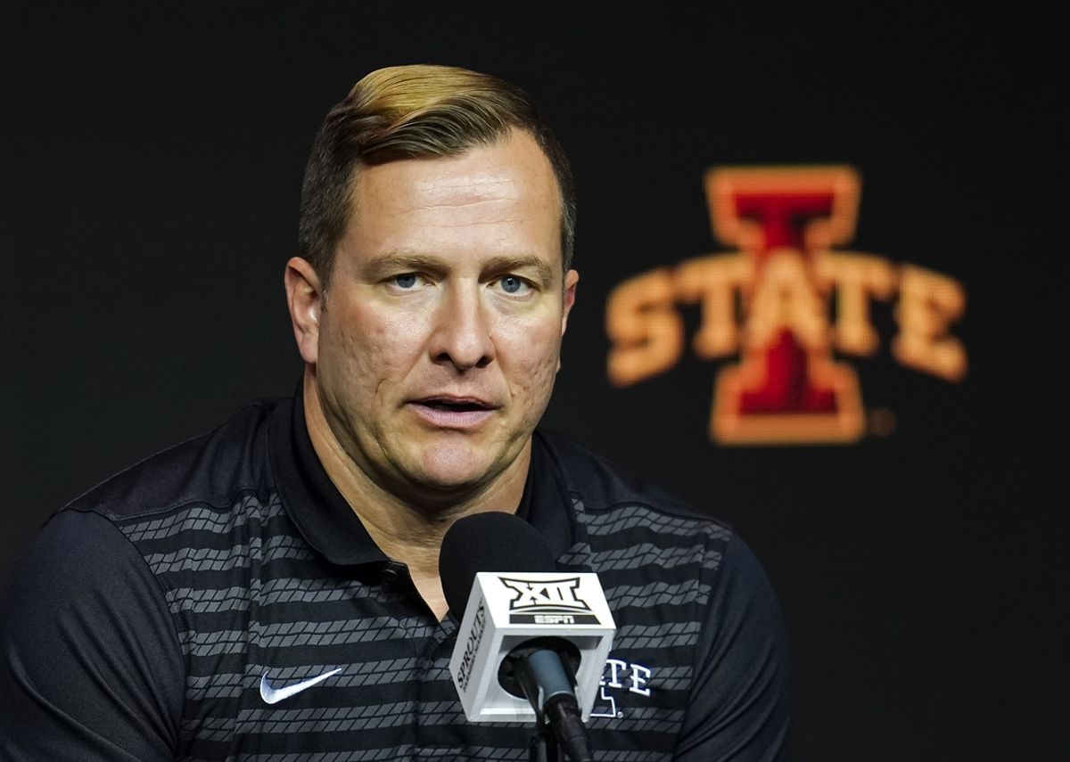 Oct 23, 2024; Kansas City, MO, USA; Iowa State Cyclones head coach T. J. Otzelberger talks to media during the Big 12 Men’s Basketball Media Day at T-Mobile Center. Mandatory Credit: Jay Biggerstaff-Imagn Images