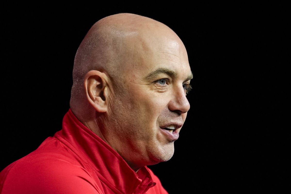 Oct 23, 2024; Kansas City, MO, USA; Utah Utes head coach Craig Smith talks to media during the Big 12 Men’s Basketball Media Day at T-Mobile Center. Mandatory Credit: Jay Biggerstaff-Imagn Images