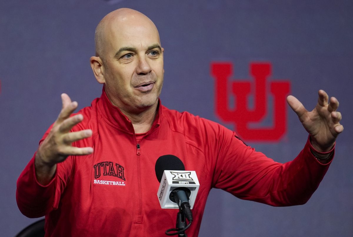 Oct 23, 2024; Kansas City, MO, USA; Utah Utes head coach Craig Smith talks to media during the Big 12 Men’s Basketball Media Day at T-Mobile Center. Mandatory Credit: Jay Biggerstaff-Imagn Images