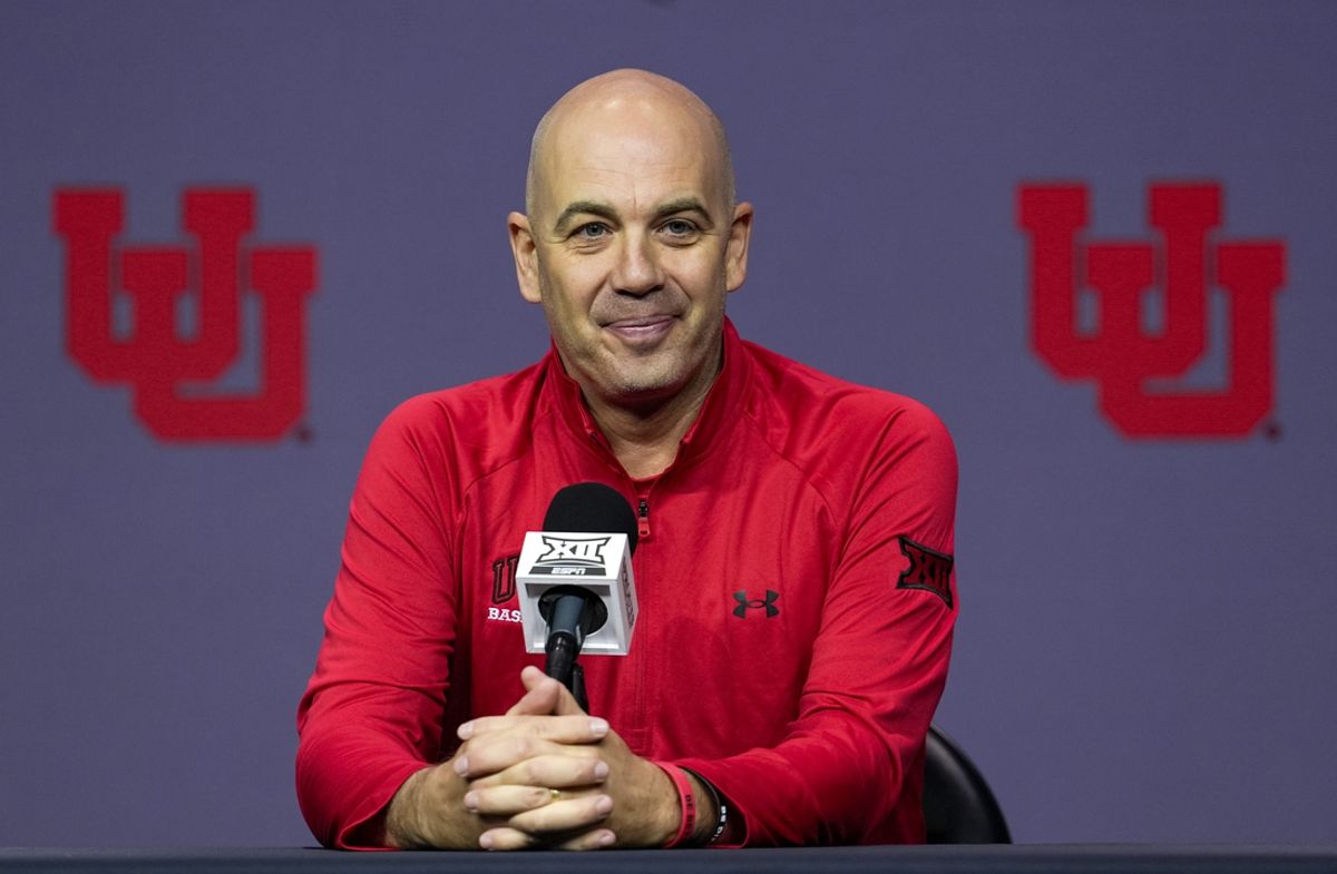 Oct 23, 2024; Kansas City, MO, USA; Utah Utes head coach Craig Smith talks to media during the Big 12 Men’s Basketball Media Day at T-Mobile Center. Mandatory Credit: Jay Biggerstaff-Imagn Images