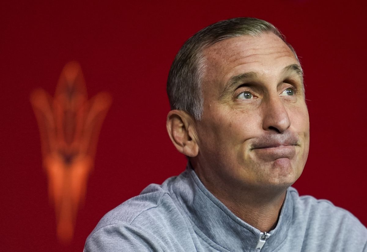 Oct 23, 2024; Kansas City, MO, USA; Arizona State Sun Devils head coach Bobby Hurley talks to media during the Big 12 Men’s Basketball Media Day at T-Mobile Center. Mandatory Credit: Jay Biggerstaff-Imagn Images