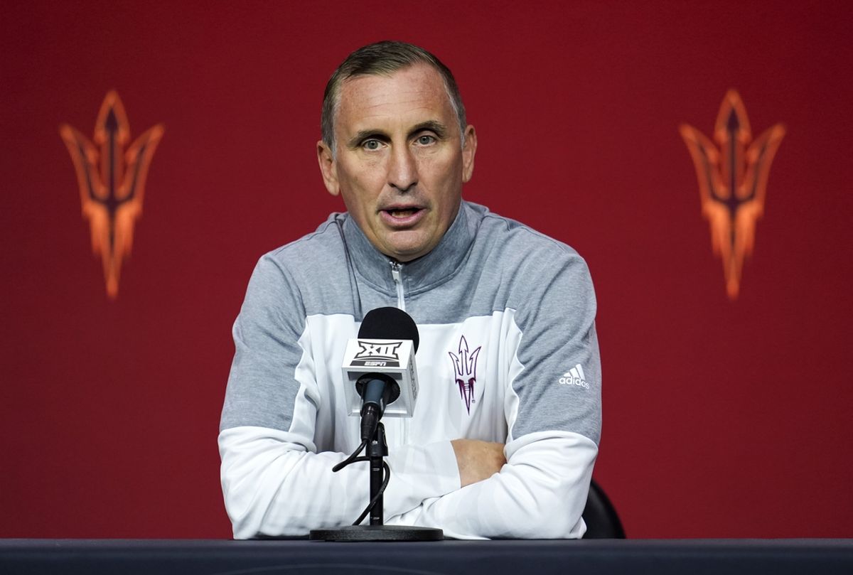 Oct 23, 2024; Kansas City, MO, USA; Arizona State Sun Devils head coach Bobby Hurley talks to media during the Big 12 Men’s Basketball Media Day at T-Mobile Center. Mandatory Credit: Jay Biggerstaff-Imagn Images