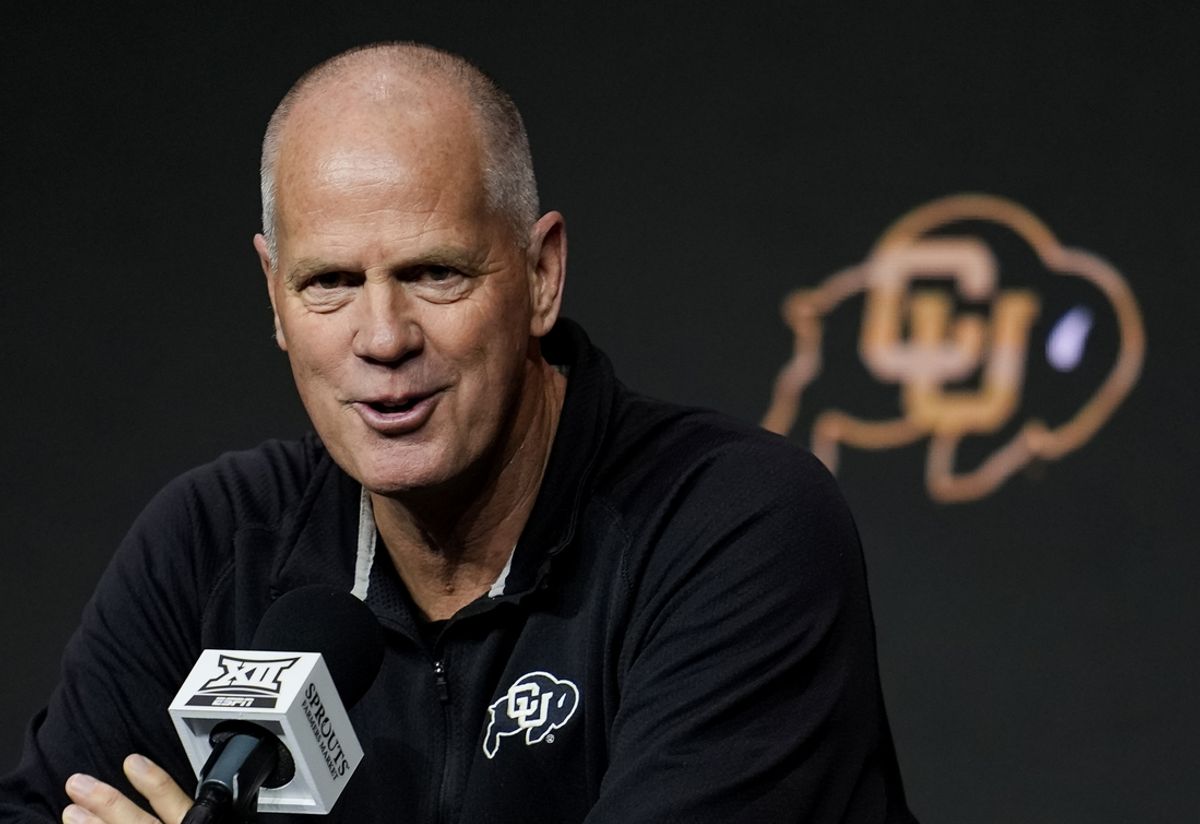 Oct 23, 2024; Kansas City, MO, USA; Colorado Buffaloes head coach Tad Boyle talks to media during the Big 12 Men’s Basketball Media Day at T-Mobile Center. Mandatory Credit: Jay Biggerstaff-Imagn Images