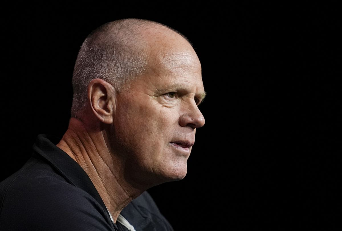 Oct 23, 2024; Kansas City, MO, USA; Colorado Buffaloes head coach Tad Boyle talks to media during the Big 12 Men’s Basketball Media Day at T-Mobile Center. Mandatory Credit: Jay Biggerstaff-Imagn Images