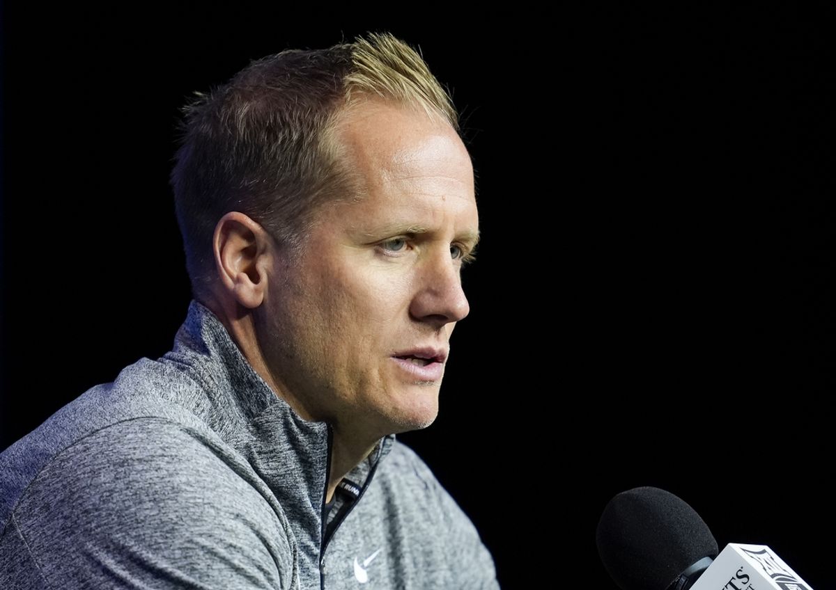 Oct 23, 2024; Kansas City, MO, USA; Brigham Young Cougars head coach Kevin Young talks to media during the Big 12 Men’s Basketball Media Day at T-Mobile Center. Mandatory Credit: Jay Biggerstaff-Imagn Images