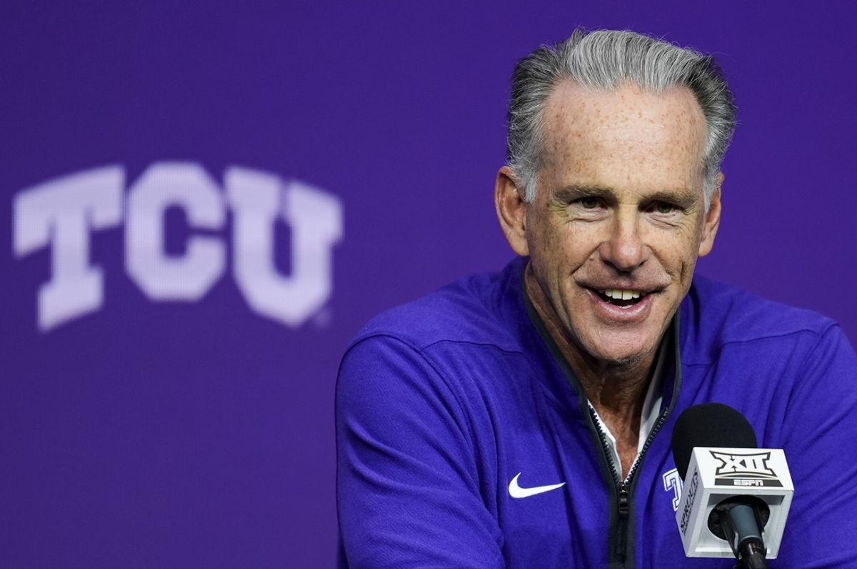 Oct 23, 2024; Kansas City, MO, USA; TCU Horned Frogs head coach Jamie Dixon talks to media during the Big 12 Men’s Basketball Media Day at T-Mobile Center. Mandatory Credit: Jay Biggerstaff-Imagn Images