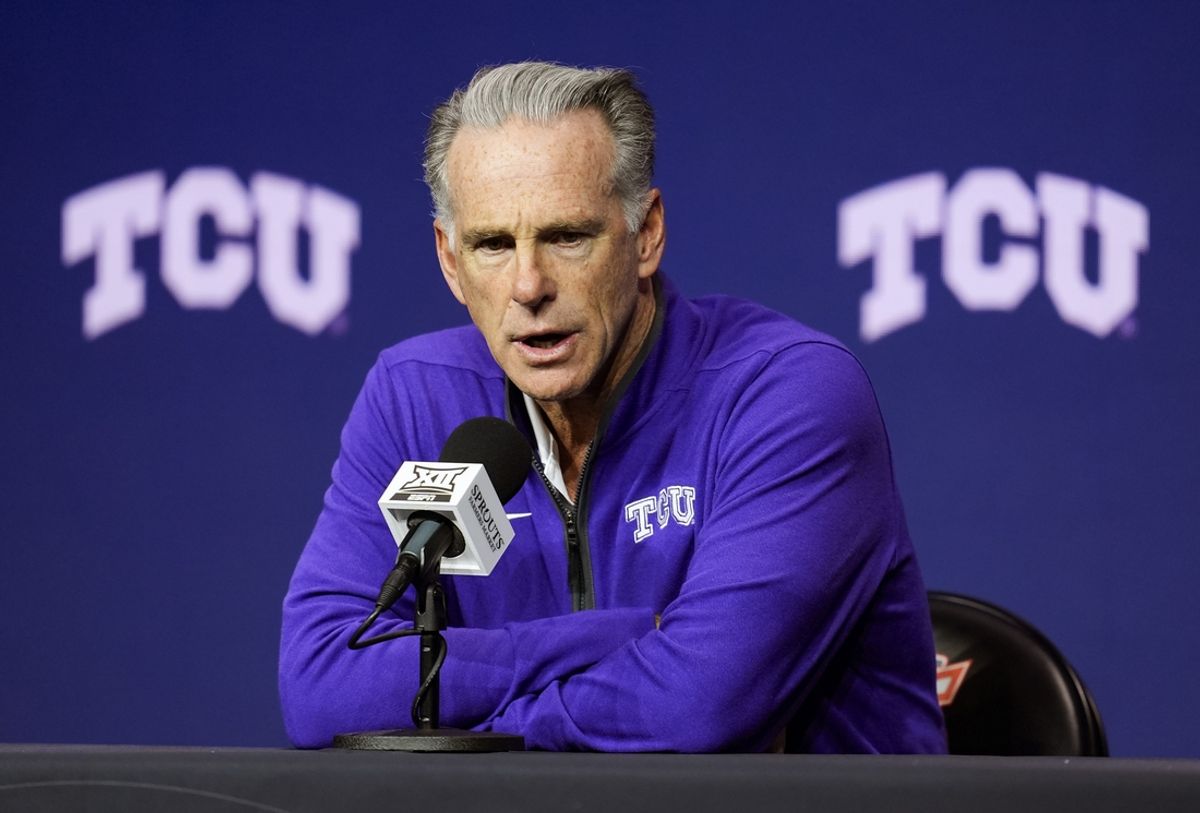 Oct 23, 2024; Kansas City, MO, USA; TCU Horned Frogs head coach Jamie Dixon talks to media during the Big 12 Men’s Basketball Media Day at T-Mobile Center. Mandatory Credit: Jay Biggerstaff-Imagn Images
