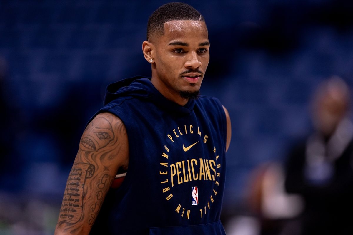 Oct 23, 2024; New Orleans, Louisiana, USA;  New Orleans Pelicans guard Dejounte Murray (5) during warmups before the game against the Chicago Bulls at Smoothie King Center. Mandatory Credit: Stephen Lew-Imagn Images