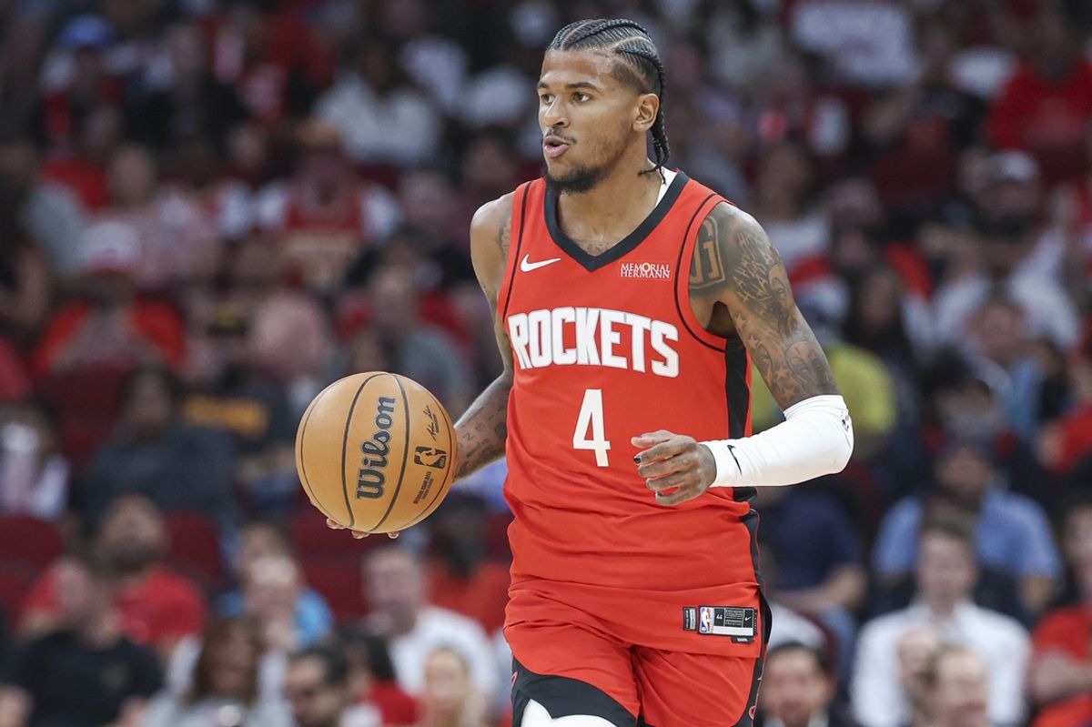Oct 23, 2024; Houston, Texas, USA; Houston Rockets guard Jalen Green (4) dribbles the ball during the first quarter against the Charlotte Hornets at Toyota Center. Mandatory Credit: Troy Taormina-Imagn Images