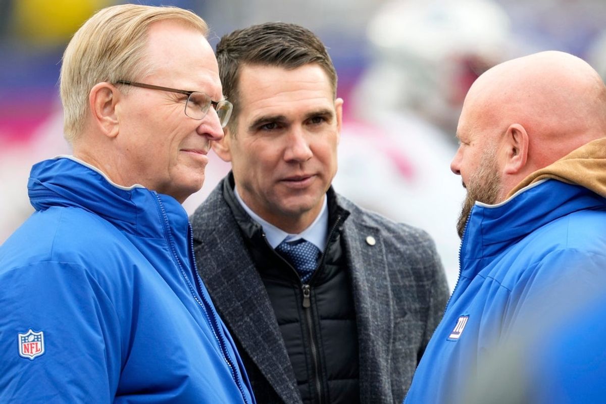 New York Giants co-owner John Mara (left) and New York Giants General Manager, Joe Schoen, speak with New York Giants Head Coach, Brian Daboll, at MetLife Stadium before their team hosts the New England Patriots, Sunday, November 26, 2023.