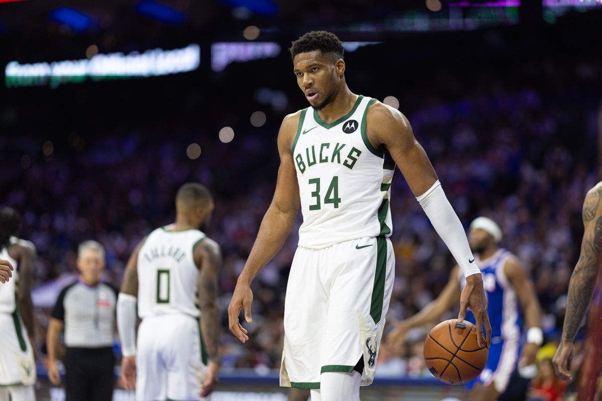 Oct 23, 2024; Philadelphia, Pennsylvania, USA; Milwaukee Bucks forward Giannis Antetokounmpo (34) during the third quarter against the Philadelphia 76ers at Wells Fargo Center. Mandatory Credit: Bill Streicher-Imagn Images
