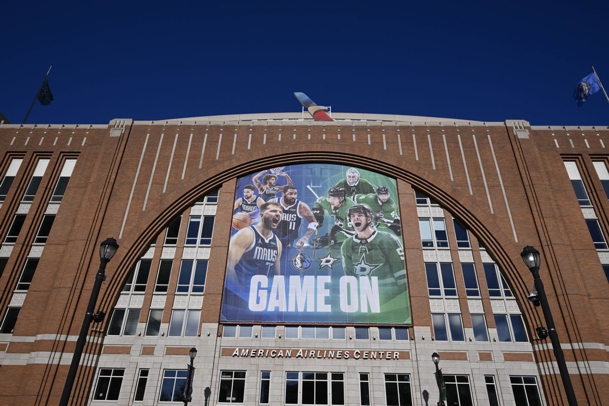 Oct 24, 2024; Dallas, Texas, USA; A view of the arena entrance with a poster for the Dallas Mavericks and Dallas Stars before the game between the Dallas Mavericks and the San Antonio Spurs at the American Airlines Center. Mandatory Credit: Jerome Miron-Imagn Images