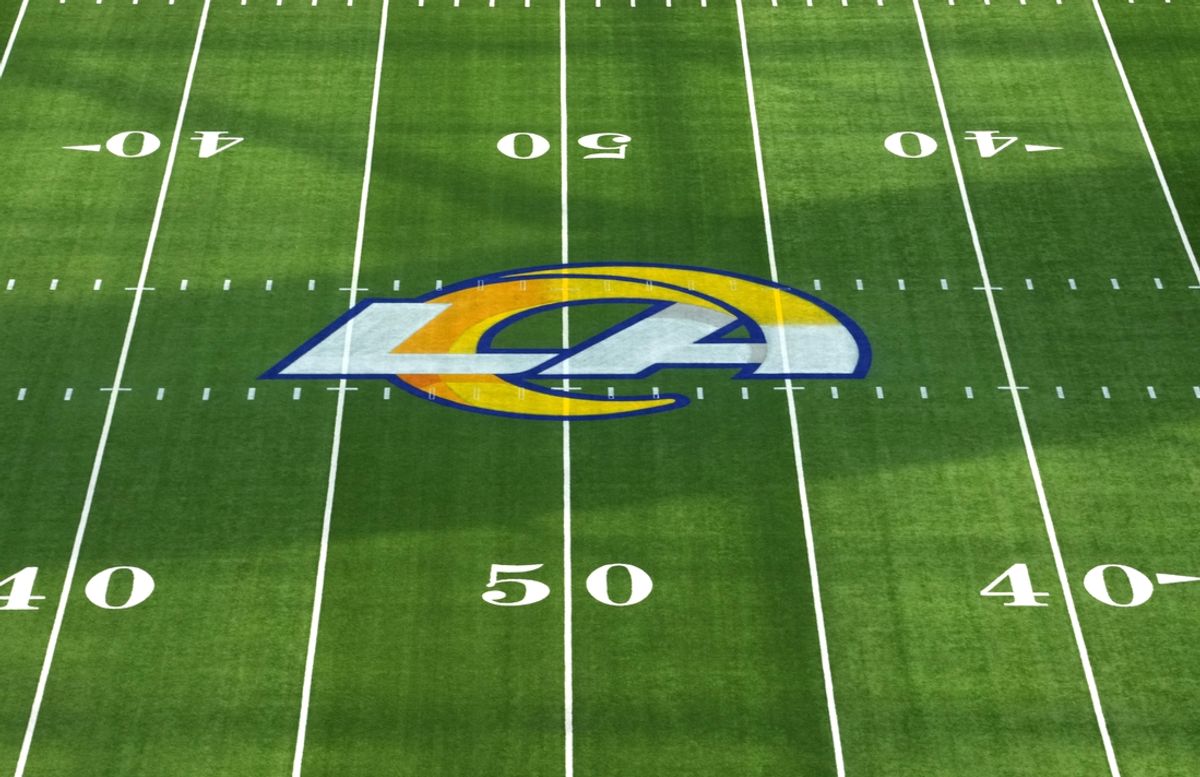 Oct 24, 2024; Inglewood, California, USA; The Los Angeles Rams logo at midfield at SoFi Stadium. Mandatory Credit: Kirby Lee-Imagn Images