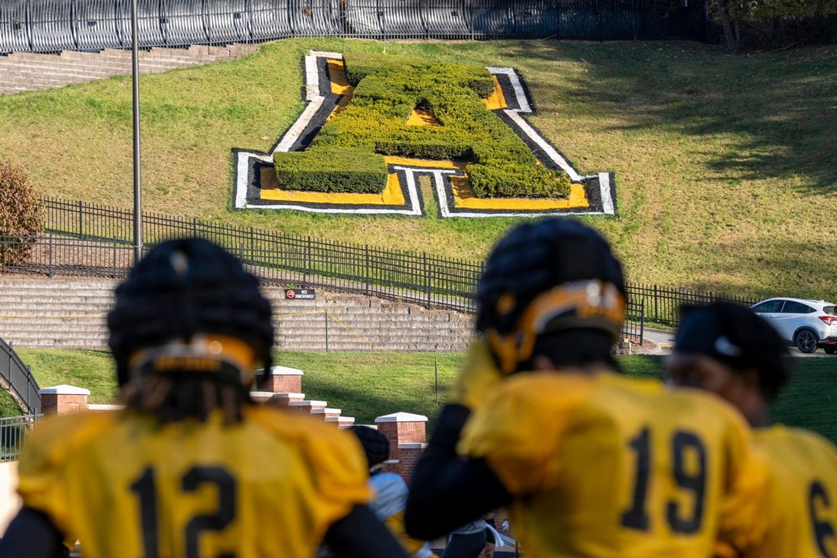 A large topiary ÒAÓ shines in the afternoon sun during the AppState Mountaineers' football practice at Appalachian State University in Boone, NC, on Wednesday, Oct. 23, 2024.