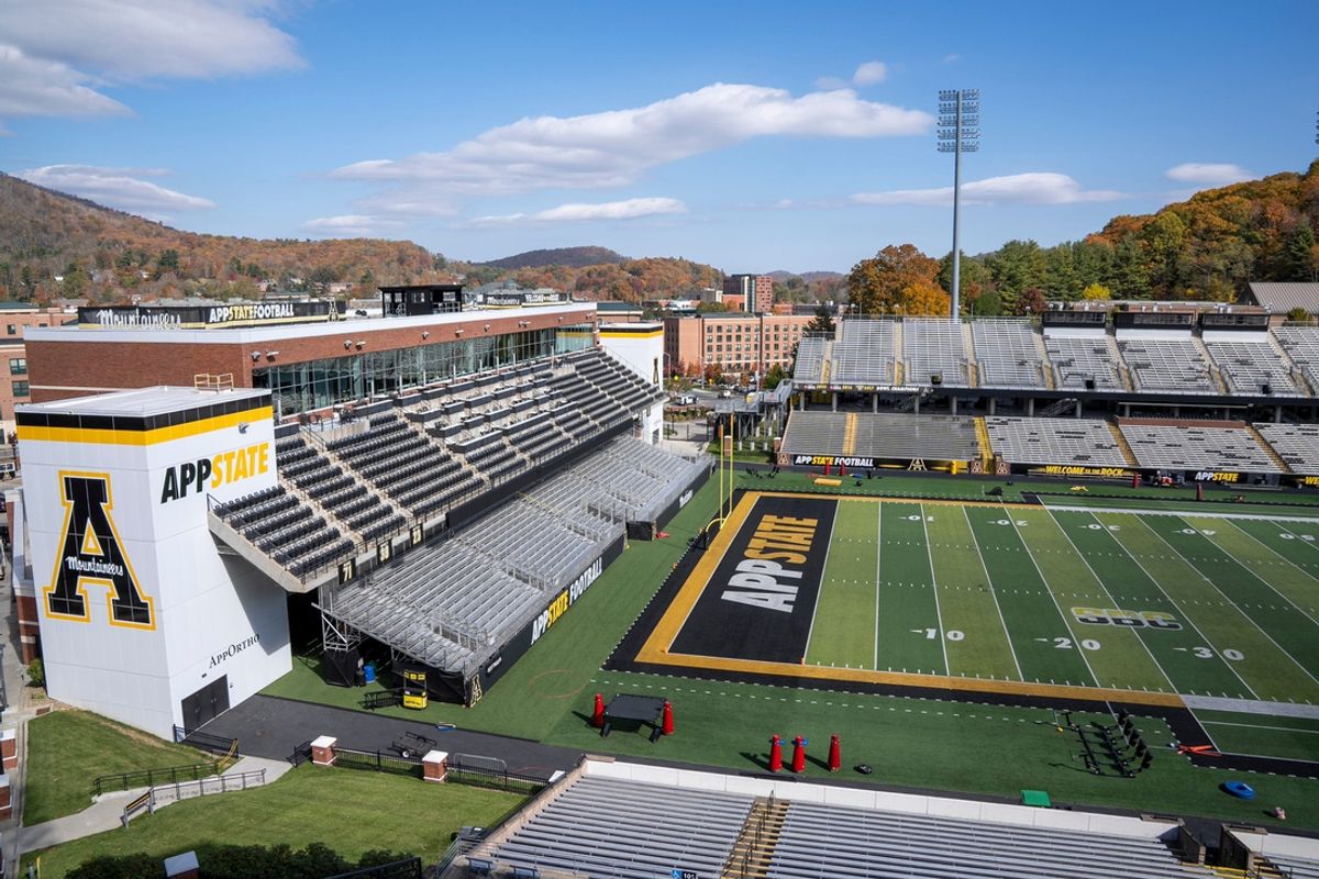Fall foliage surrounds Kidd Brewer Stadium, home of the AppState Mountaineers at Appalachian State University in Boone, NC, on Wednesday, Oct. 23, 2024.