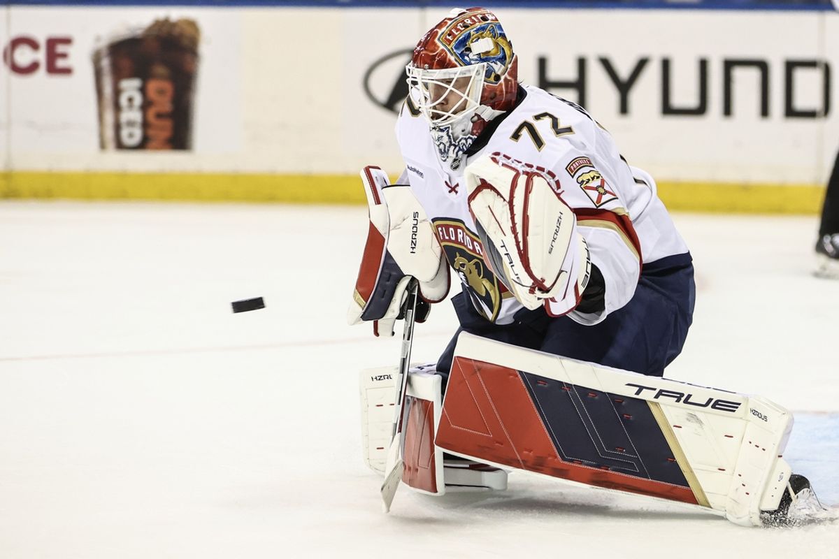 Oct 24, 2024; New York, New York, USA;  Florida Panthers goaltender Sergei Bobrovsky (72) makes a save on a shot on goal attempt in the second period against the New York Rangers at Madison Square Garden. Mandatory Credit: Wendell Cruz-Imagn Images
