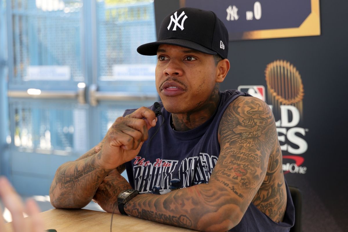Oct 24, 2024; Los Angeles, CA, USA;  New York Yankees pitcher Marcus Stroman (0) speaks to media during workout day at Dodgers Stadium. Mandatory Credit: Kiyoshi Mio-Imagn Images
