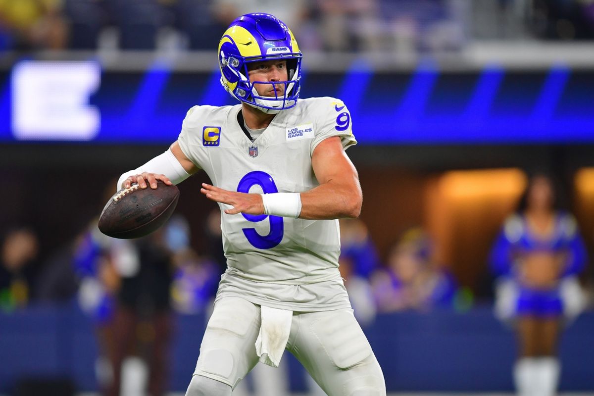 Oct 24, 2024; Inglewood, California, USA; Los Angeles Rams quarterback Matthew Stafford (9) throws against the Minnesota Vikings during the first half at SoFi Stadium. Mandatory Credit: Gary A. Vasquez-Imagn Images