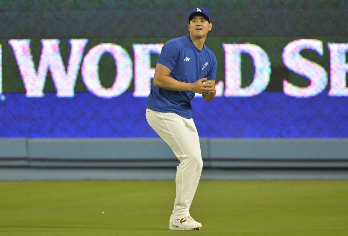 Oct 24, 2024; Los Angeles, CA, USA;  Los Angeles Dodgers designated hitter Shohei Ohtani (17) during the team workout prior to game one of the World Series against the New York Yankees at Dodger Stadium. Mandatory Credit: Jayne Kamin-Oncea-Imagn Images