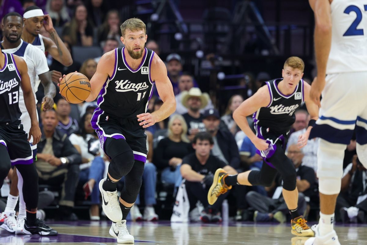Oct 24, 2024; Sacramento, California, USA; Sacramento Kings forward Domantas Sabonis (11) dribbles the ball up the court against the Minnesota Timberwolves during the first quarter at Golden 1 Center. Mandatory Credit: Sergio Estrada-Imagn Images