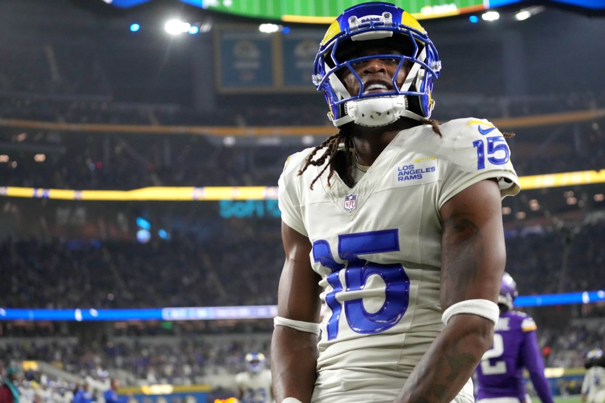 Oct 24, 2024; Inglewood, California, USA; Los Angeles Rams wide receiver Demarcus Robinson (15) celebrates after catching a 10-yard touchdown pass against the Minnesota Vikings in the second half at SoFi Stadium. Mandatory Credit: Kirby Lee-Imagn Images