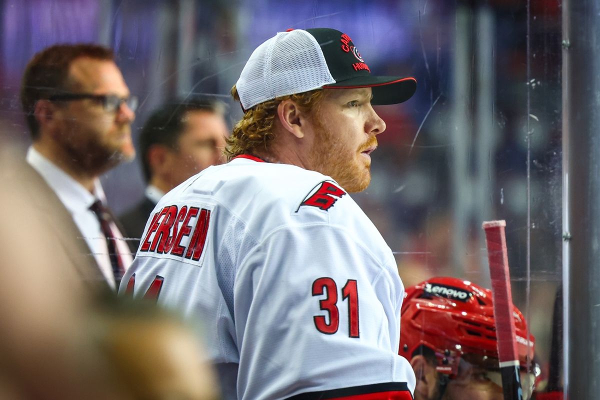 Oct 24, 2024; Calgary, Alberta, CAN; Carolina Hurricanes goaltender Frederik Andersen (31) on his bench against the Calgary Flames during the third period at Scotiabank Saddledome. Mandatory Credit: Sergei Belski-Imagn Images
