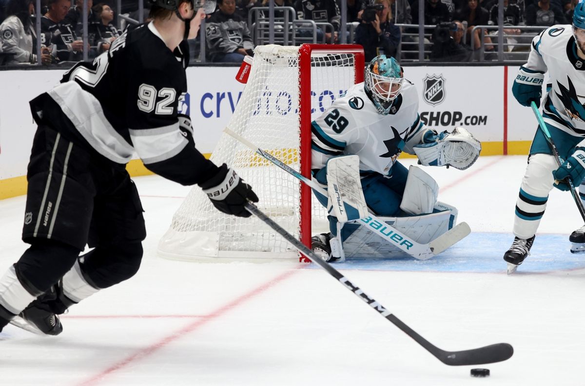 Oct 24, 2024; Los Angeles, California, USA; San Jose Sharks goaltender Mackenzie Blackwood (29) watches the puck during the second period against the Los Angeles Kings at Crypto.com Arena. Mandatory Credit: Jason Parkhurst-Imagn Images