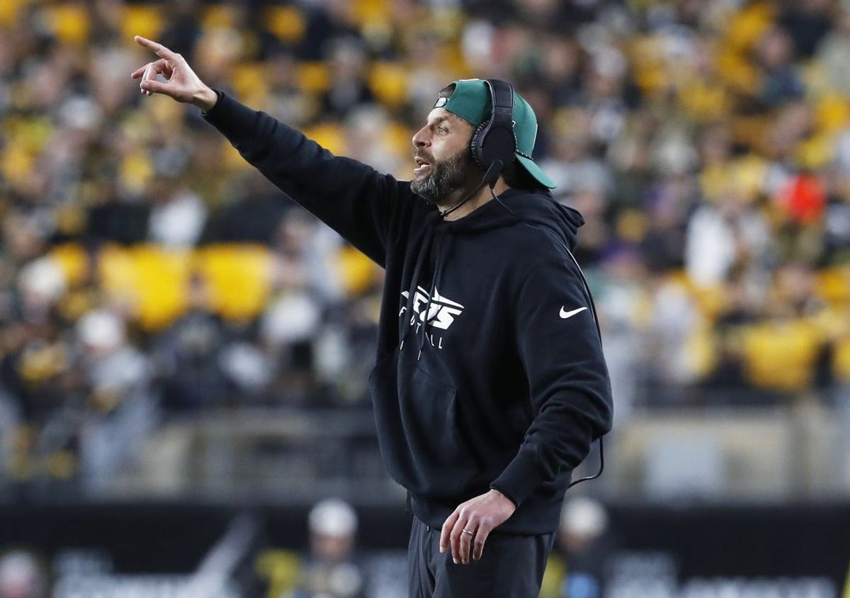 Oct 20, 2024; Pittsburgh, Pennsylvania, USA;  New York Jets linebackers coach Mike Rutenberg gestures on the sidelines against the Pittsburgh Steelers during the fourth quarter at Acrisure Stadium. Mandatory Credit: Charles LeClaire-Imagn Images