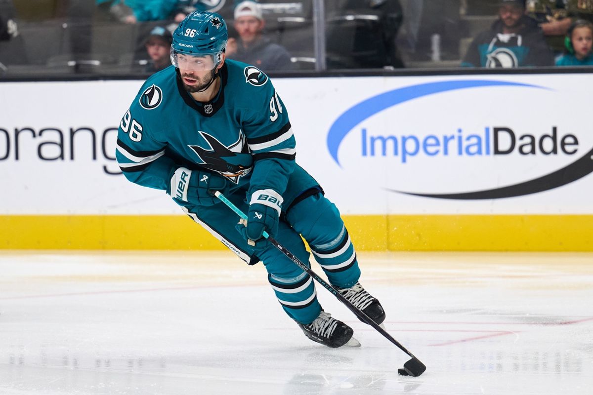 Oct 20, 2024; San Jose, California, USA; San Jose Sharks defenseman Jake Walman (96) skates with the puck against the Colorado Avalanche during the first period at SAP Center at San Jose. Mandatory Credit: Robert Edwards-Imagn Images