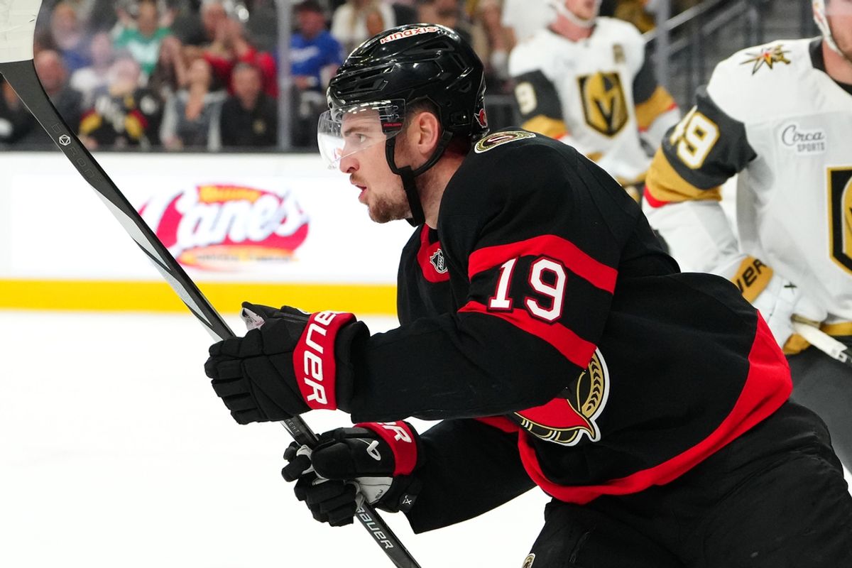 Oct 25, 2024; Las Vegas, Nevada, USA; Ottawa Senators right wing Drake Batherson (19) celebrates after scoring a goal against the Vegas Golden Knights during the first period at T-Mobile Arena. Mandatory Credit: Stephen R. Sylvanie-Imagn Images