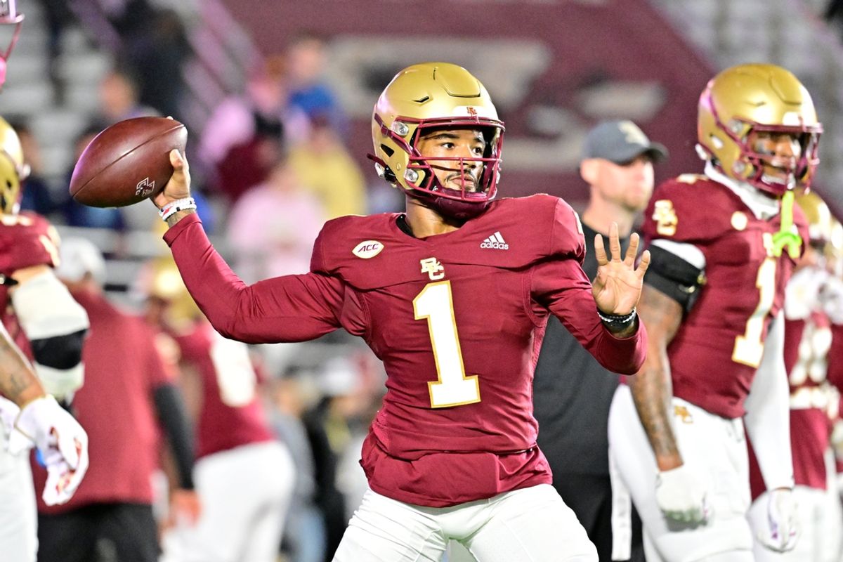 Oct 25, 2024; Chestnut Hill, Massachusetts, USA; Boston College Eagles quarterback Thomas Castellanos (1) warms up before a game against the Louisville Cardinals at Alumni Stadium. Mandatory Credit: Eric Canha-Imagn Images