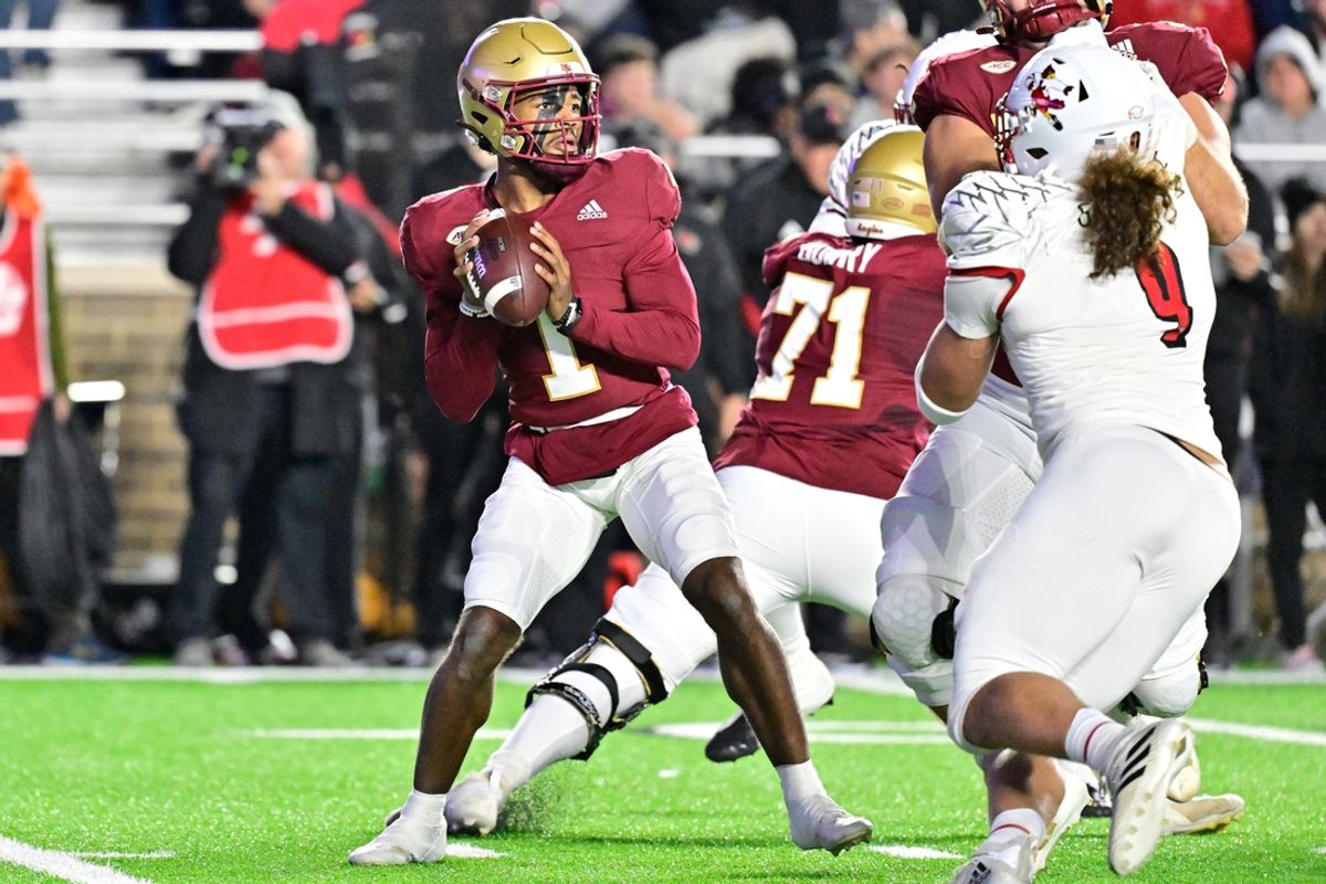 Oct 25, 2024; Chestnut Hill, Massachusetts, USA; Boston College Eagles quarterback Thomas Castellanos (1)  throws a pass against the Louisville Cardinals during the first half at Alumni Stadium. Mandatory Credit: Eric Canha-Imagn Images