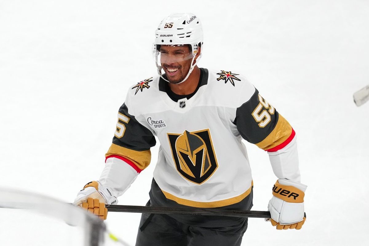Oct 25, 2024; Las Vegas, Nevada, USA; Vegas Golden Knights right winger Keegan Kolesar (55) celebrates after scoring a goal against the Ottawa Senators during the third perod at T-Mobile Arena. Mandatory Credit: Stephen R. Sylvanie-Imagn Images
