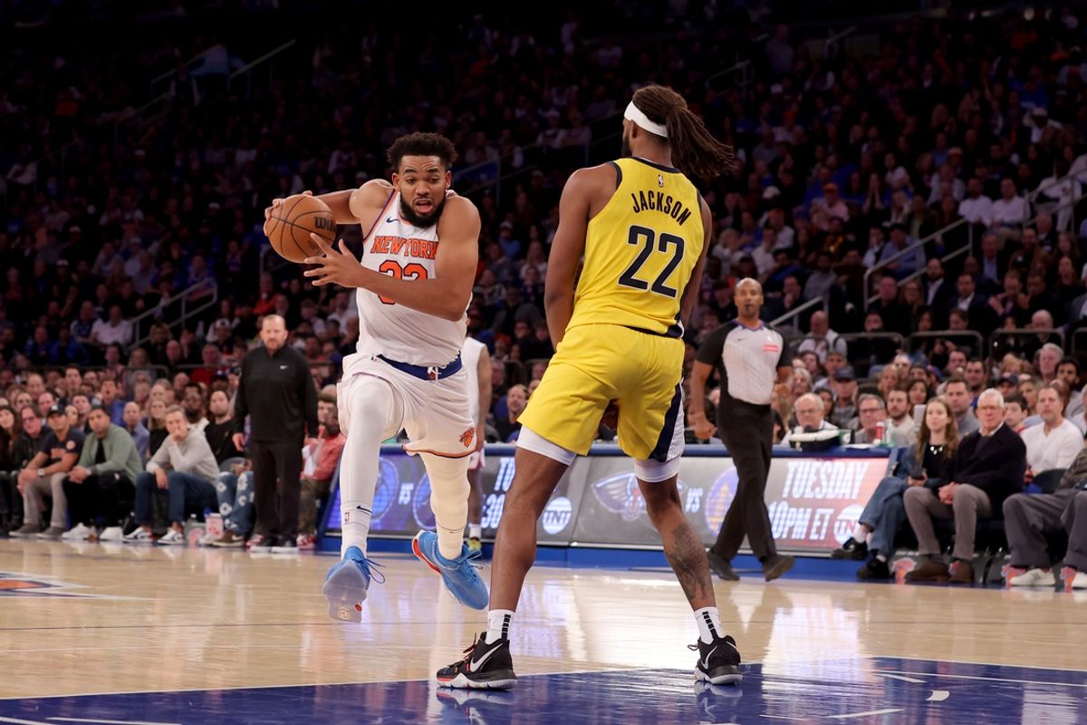 Oct 25, 2024; New York, New York, USA; New York Knicks center Karl-Anthony Towns (32) drives to the basket against Indiana Pacers forward Isaiah Jackson (22) during the third quarter at Madison Square Garden. Mandatory Credit: Brad Penner-Imagn Images