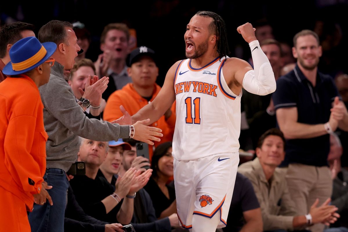 Oct 25, 2024; New York, New York, USA; New York Knicks guard Jalen Brunson (11) reacts during the second quarter against the Indiana Pacers at Madison Square Garden. Mandatory Credit: Brad Penner-Imagn Images