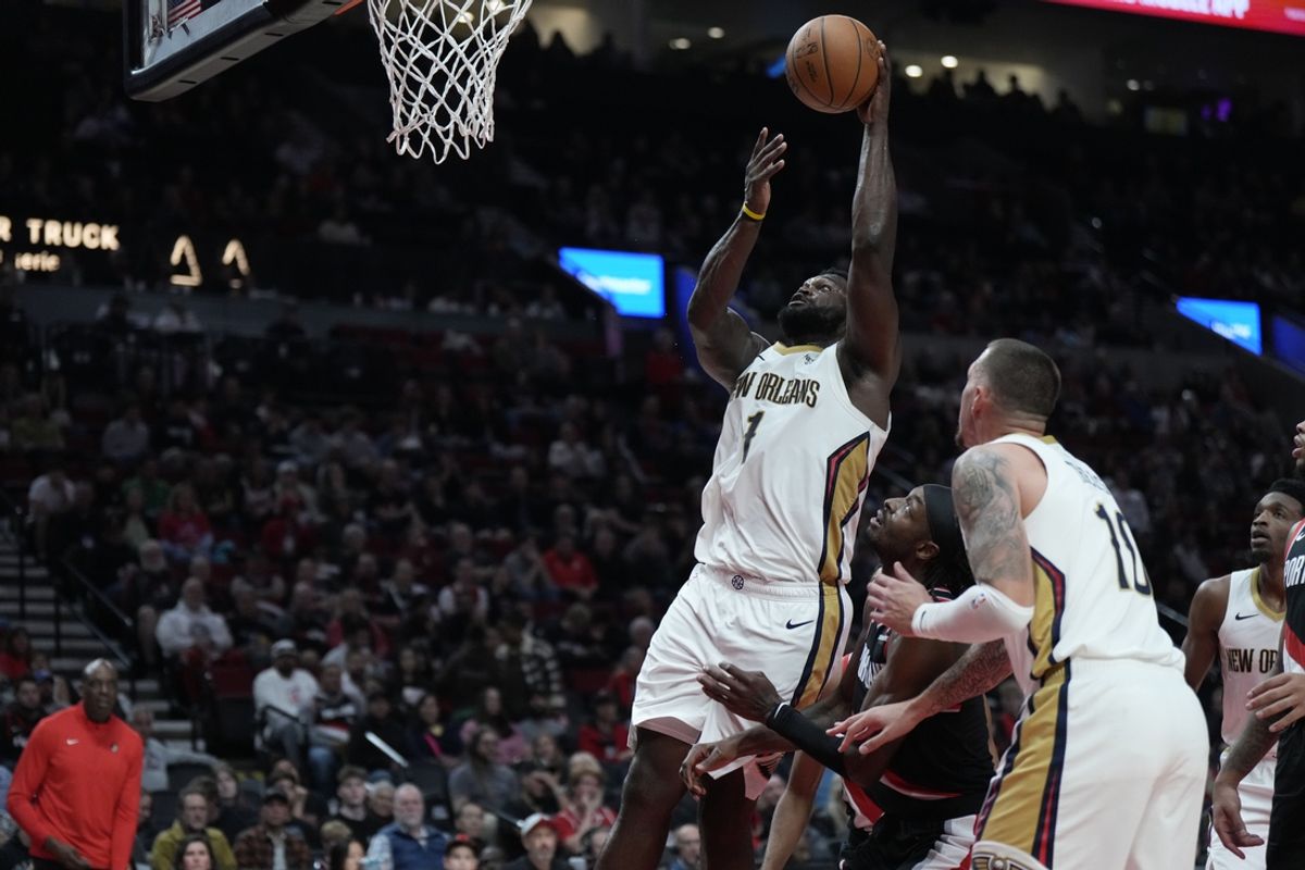 Oct 25, 2024; Portland, Oregon, USA; New Orleans Pelicans power forward Zion Williamson (1) shoots the ball during the first half against the Portland Trail Blazers at Moda Center. Mandatory Credit: Soobum Im-Imagn Images