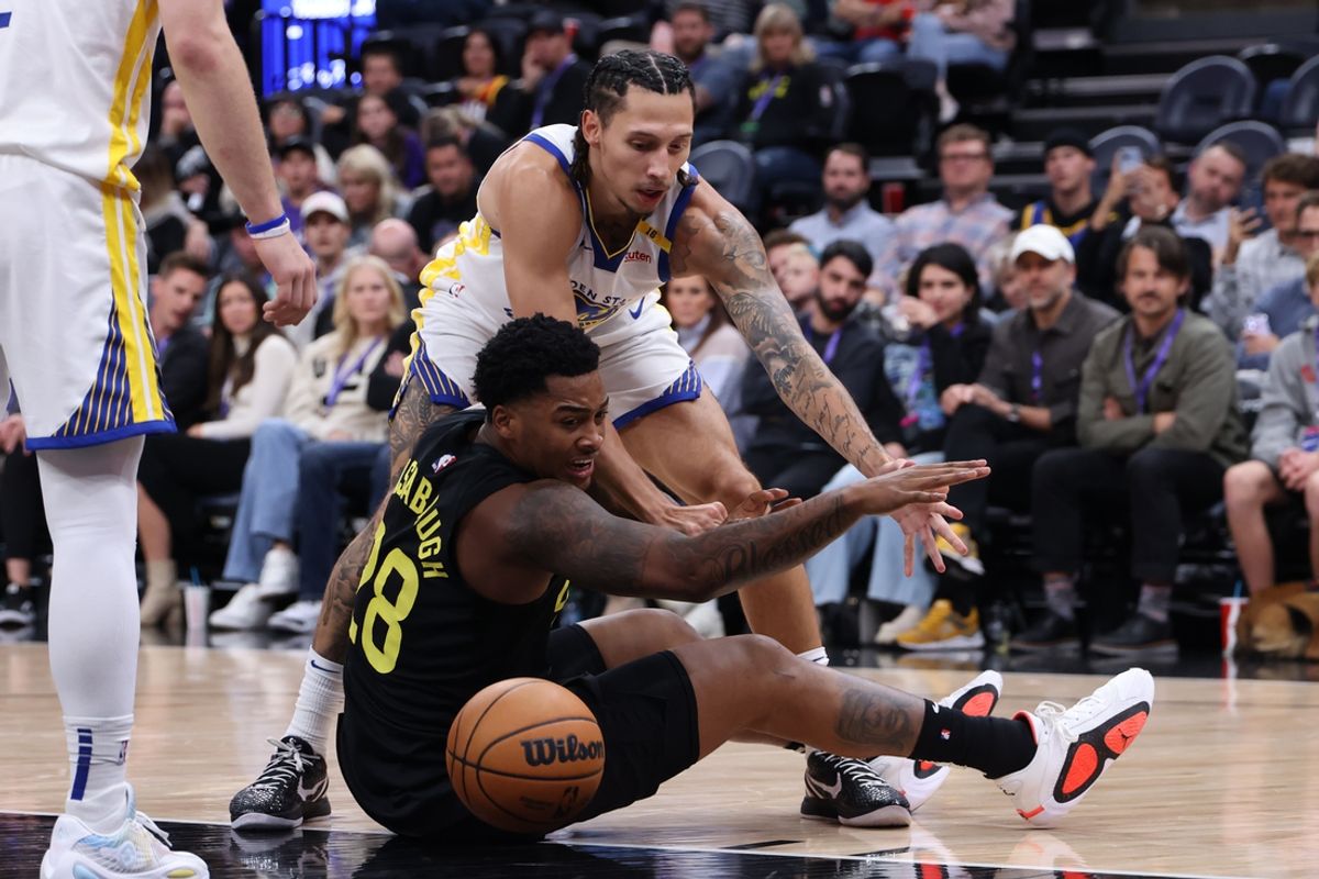 Oct 25, 2024; Salt Lake City, Utah, USA; Utah Jazz forward Brice Sensabaugh (28) and Golden State Warriors forward Lindy Waters III (43) go for a loose ball during the fourth quarter at Delta Center. Mandatory Credit: Rob Gray-Imagn Images