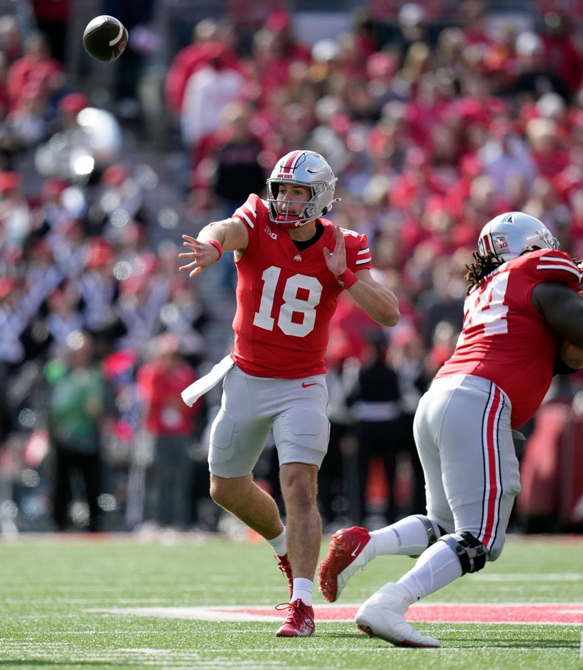 Ohio State Buckeyes quarterback Will Howard (18) throws the ball against Nebraska Cornhuskers during the first quarter of their game at Ohio Stadium on Oct 26, 2024, in Columbus.