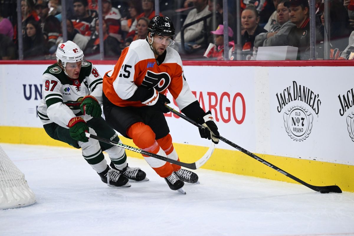 Oct 26, 2024; Philadelphia, Pennsylvania, USA; Philadelphia Flyers center Ryan Poehling (25) controls the puck against Minnesota Wild left wing Kirill Kaprizov (97) in the second period at Wells Fargo Center. Mandatory Credit: Kyle Ross-Imagn Images