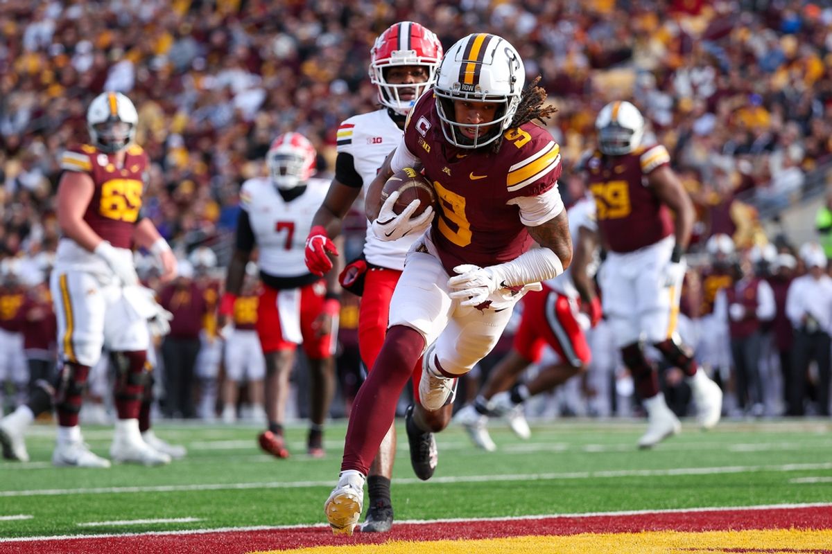 Oct 26, 2024; Minneapolis, Minnesota, USA; Minnesota Golden Gophers wide receiver Daniel Jackson (9) catches a touchdown pass against the Maryland Terrapins during the first half at Huntington Bank Stadium. Mandatory Credit: Matt Krohn-Imagn Images