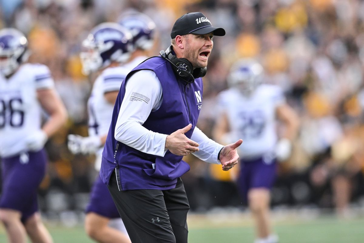 Oct 26, 2024; Iowa City, Iowa, USA; Northwestern Wildcats head coach David Braun reacts during the third quarter against the Iowa Hawkeyes at Kinnick Stadium. Mandatory Credit: Jeffrey Becker-Imagn Images