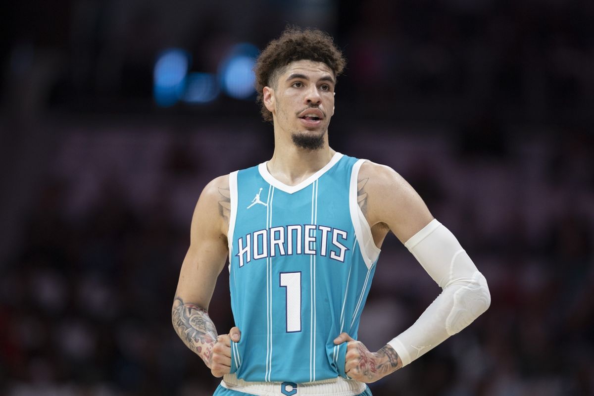 Oct 26, 2024; Charlotte, North Carolina, USA; Charlotte Hornets guard LaMelo Ball (1) stands on the court during the first quarter against the Miami Heat at Spectrum Center. Mandatory Credit: Nell Redmond-Imagn Images