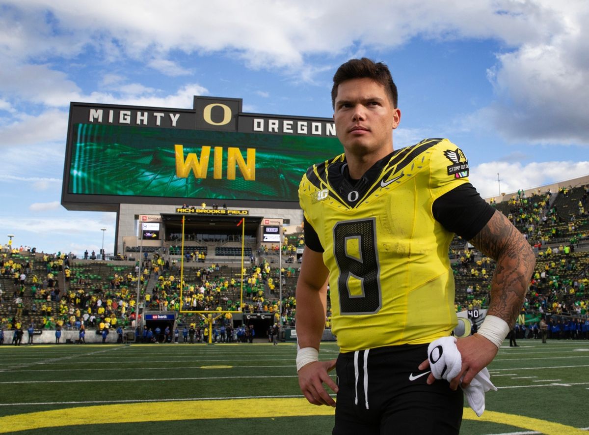 Oregon quarterback Dillon Gabriel leaves the field after the win over Illinois at Autzen Stadium in Eugene Saturday, Oct 26, 2024.