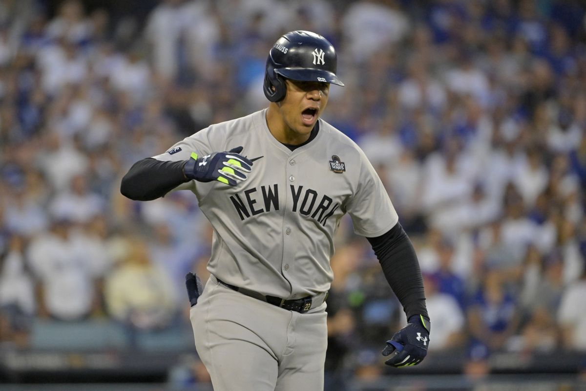 Oct 26, 2024; Los Angeles, California, USA; New York Yankees outfielder Juan Soto (22) celebrates after hitting a solo home run in the third inning against the Los Angeles Dodgers during game two of the 2024 MLB World Series at Dodger Stadium. Mandatory Credit: Jayne Kamin-Oncea-Imagn Images