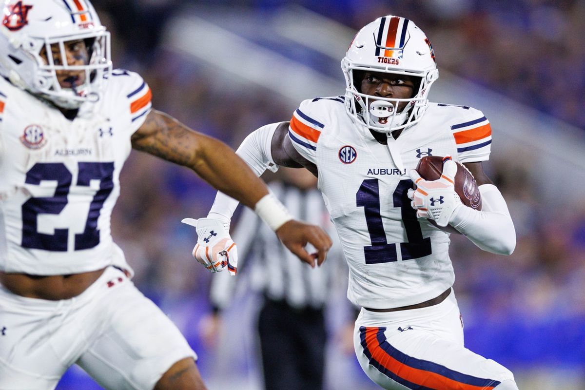 Oct 26, 2024; Lexington, Kentucky, USA; Auburn Tigers running back Jarquez Hunter (27) carries the ball during the second quarter against the Kentucky Wildcats at Kroger Field. Mandatory Credit: Jordan Prather-Imagn Images