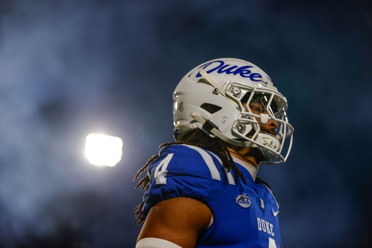 Oct 26, 2024; Durham, North Carolina, USA;  Duke Blue Devils wide receiver Eli Pancol (4) runs out prior to the first half of the game against Southern Methodist Mustangs at Wallace Wade Stadium. Mandatory Credit: Jaylynn Nash-Imagn Images