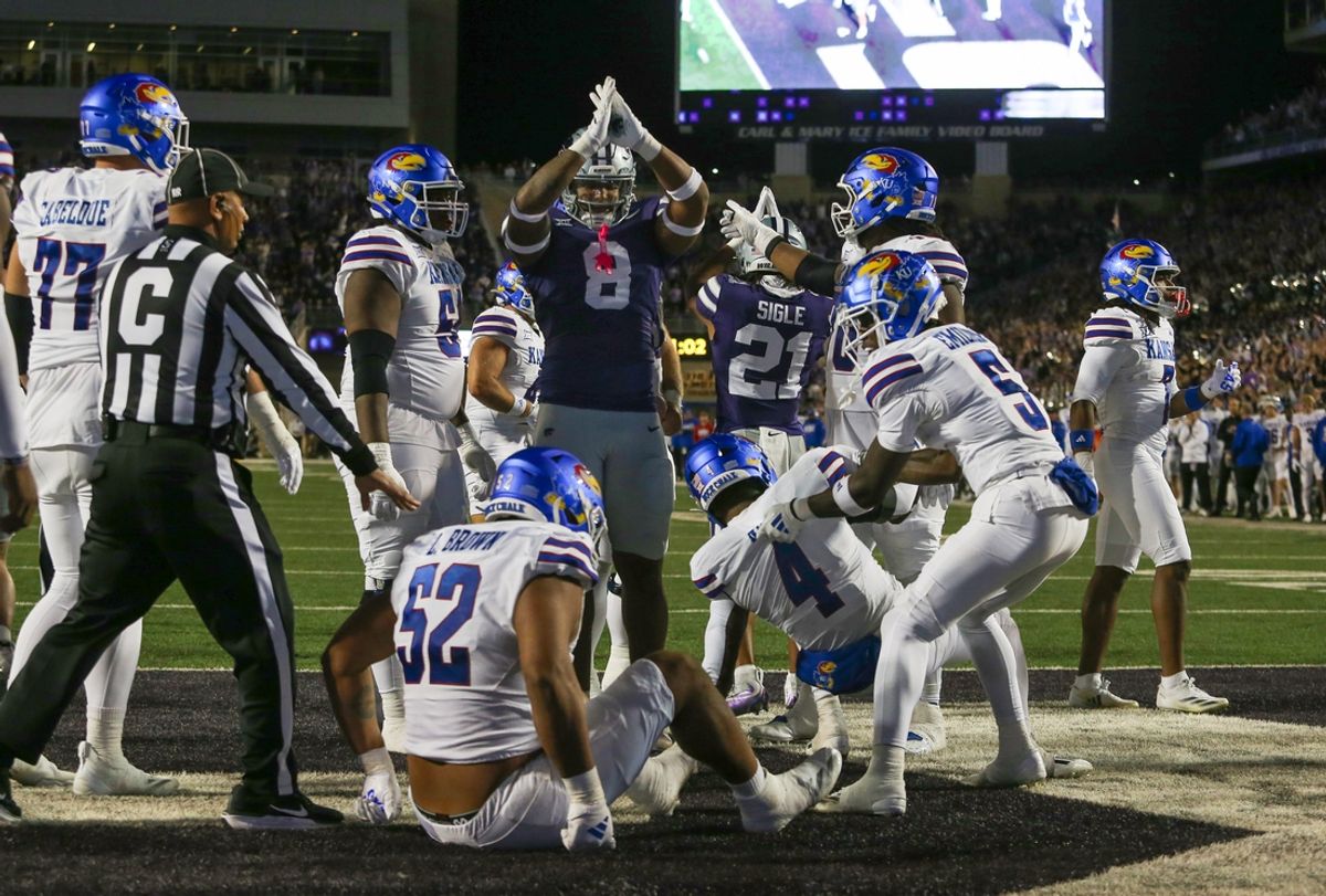 Oct 26, 2024; Manhattan, Kansas, USA; Kansas State Wildcats defensive end Chiddi Obiazor (8) celebrates a safety against Kansas Jayhawks during the second quarter at Bill Snyder Family Football Stadium. Mandatory Credit: Scott Sewell-Imagn Images