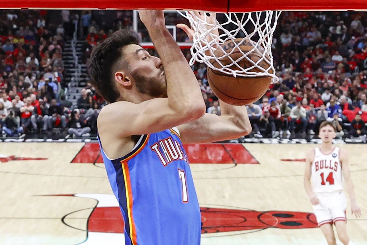 Oct 26, 2024; Chicago, Illinois, USA; Oklahoma City Thunder forward Chet Holmgren (7) dunks the ball against the Chicago Bulls during the first half at United Center. Mandatory Credit: Kamil Krzaczynski-Imagn Images