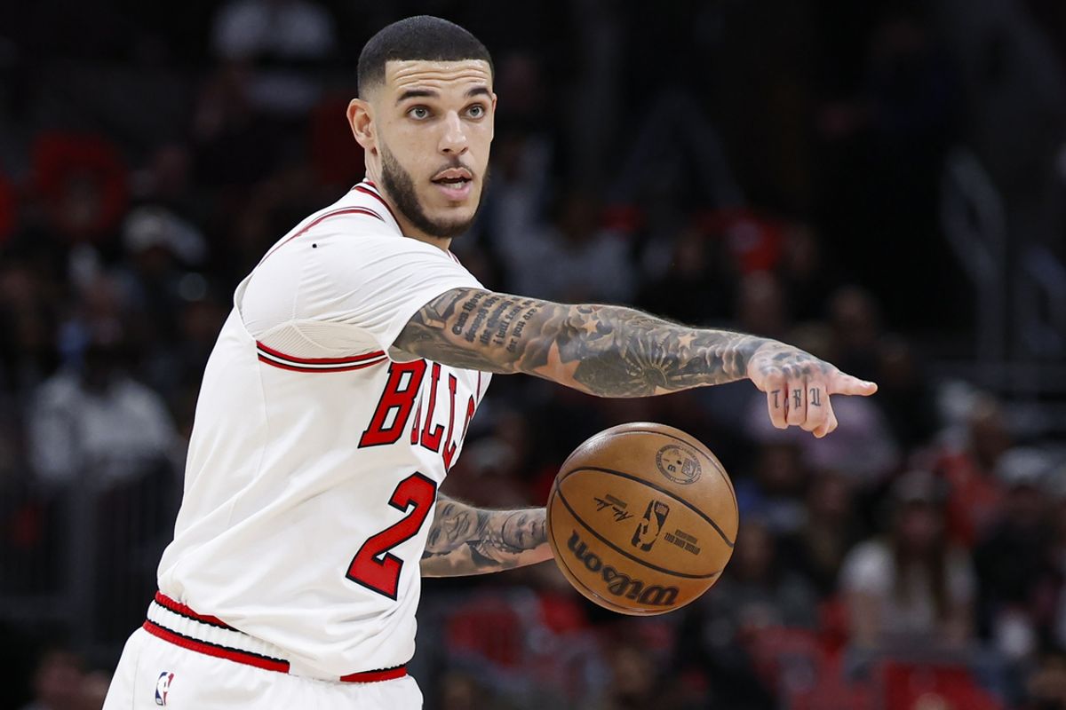 Oct 26, 2024; Chicago, Illinois, USA; Chicago Bulls guard Lonzo Ball (2) brings the ball up court against the Oklahoma City Thunder during the first half at United Center. Mandatory Credit: Kamil Krzaczynski-Imagn Images